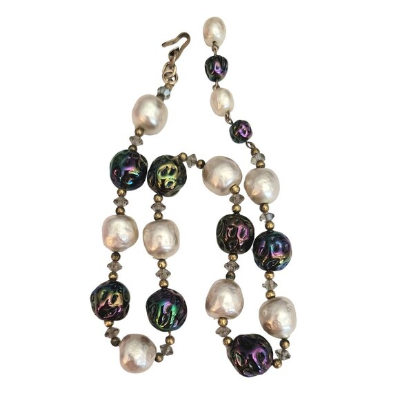 Peacock AB Art Glass, Hook Clasp, Faux Pearl Bead Necklace, 16.5 Inches M571